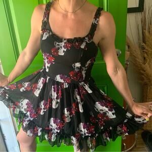 WhimsyGoth Dress Royal Bones by Daang Skull Print Sz Medium Black Chiffon